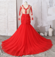 beaded red dress combined with sheer lace long sleeves and trumpet tulle skirt