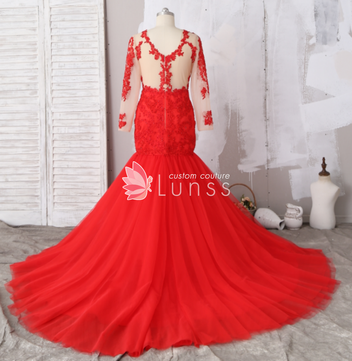 Beaded Red Prom Dress Combined with Sheer Lace Long Sleeves and Trumpet ...