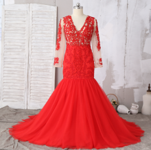 red prom dress combined with sheer lace long sleeves and trumpet tulle skirt