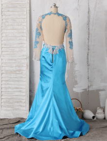 Outstanding Custom tailored Ocean Blue Open Back Mermaid Dress Prom Dress