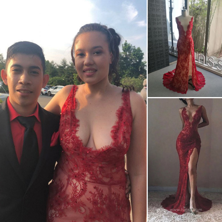 Sexy Plunging V neck Sequinned Red Lace Prom Dress