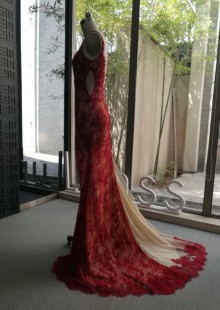 Sexy plunging sequinned red lace custom made prom dress