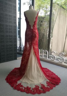 hugging curves sequinned red lace custom made prom dress