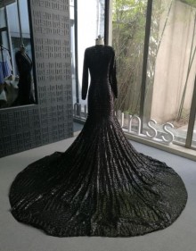 Long sleeve black bombshell sequin mermaid custom made prom dress