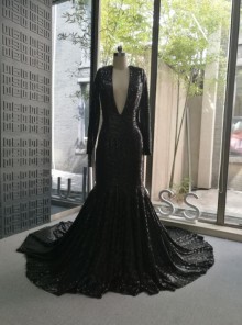 Long sleeve plunging black sequin mermaid custom made prom dress