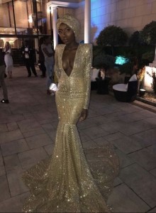 long sleeve plunging V neck mermaid prom dress