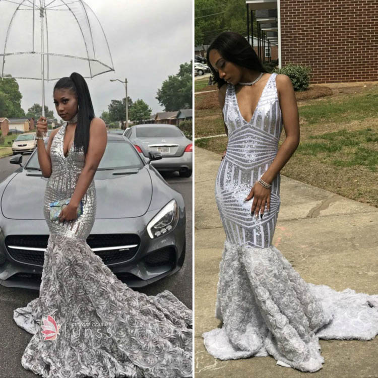 Silver Plunging Halter Bombshell Sequin Mermaid Prom Dress 3D Rosettes Bottom