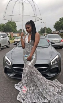 Silver Sequin Mermaid Prom Dress with 3D Rosettes Bottom