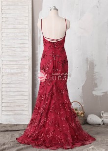 customized glittery floral appliqued burgundy prom dress