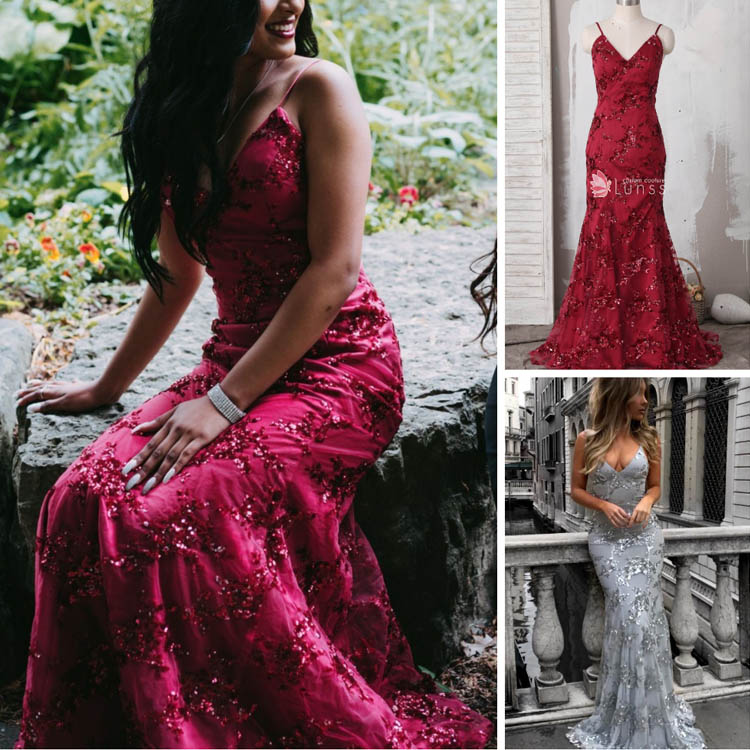 customized glittery floral appliqued burgundy tulle mermaid prom dress
