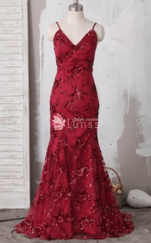 glittery floral burgundy tulle mermaid prom dress