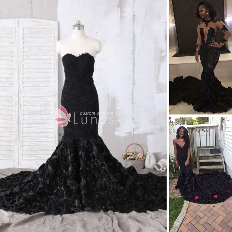 Black mermaid 3D floral custom made prom gown with strapless plunging V neck