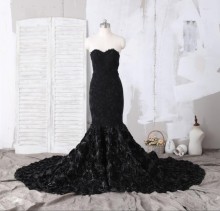 Black mermaid 3D floral prom gown with strapless plunging V neck