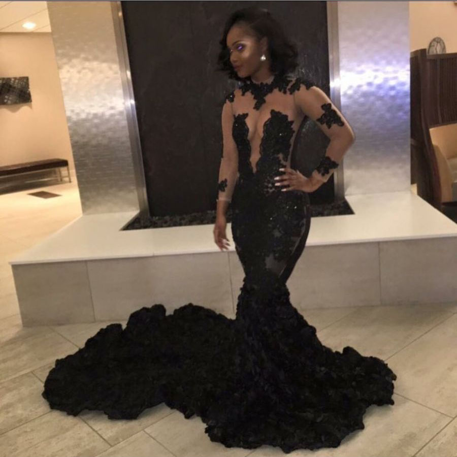 Black Mermaid 3D Floral Custom-made Prom Gown with Strapless Plunging V ...