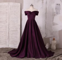 Off the shoulder plum A line long satin custom prom dress