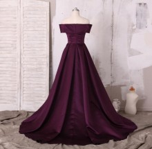 Off the shoulder plum satin custom prom dress with high slit