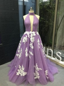 Floral lace appliqued lavender tulle custom made prom gown