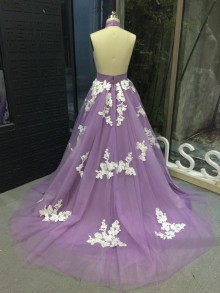 Floral lace appliqued lavender tulle prom gown