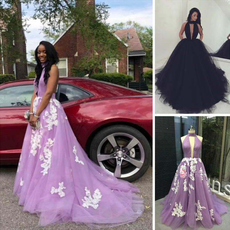 Floral lace appliqued tulle custom made prom gown