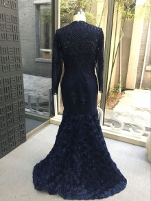 beads and 3D rose lace dark navy prom dress
