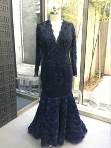 beads and 3D rose lace dark navy scalloped prom dress