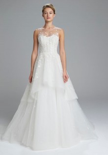 illusion neckline a line dress with floral appliques