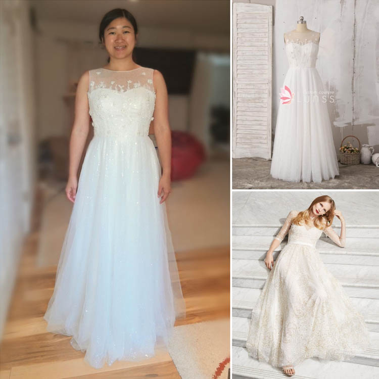 soft wedding reception dress with floral appliqued illusion sweetheart neck