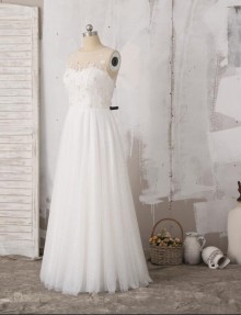 wedding reception dress with floral appliqued illusion sweetheart neck