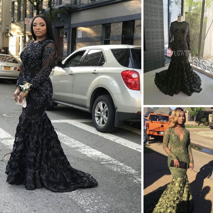 Illusion Long Sleeve Beaded Lace 3D Floral Mermaid Black Custom Prom Dress