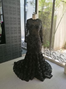black illusion long sleeve custom prom dress