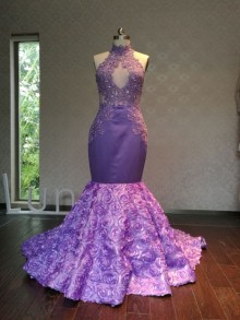 3D rose lilac mermaid prom dress with illusion halter beaded lace top