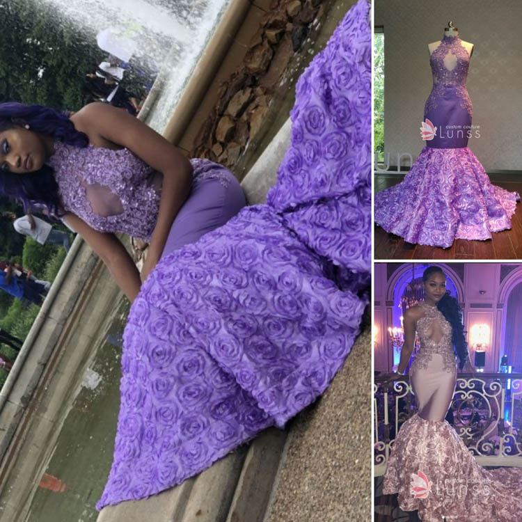 design a 3D rose mermaid lilac prom dress with illusion halter beaded lace top