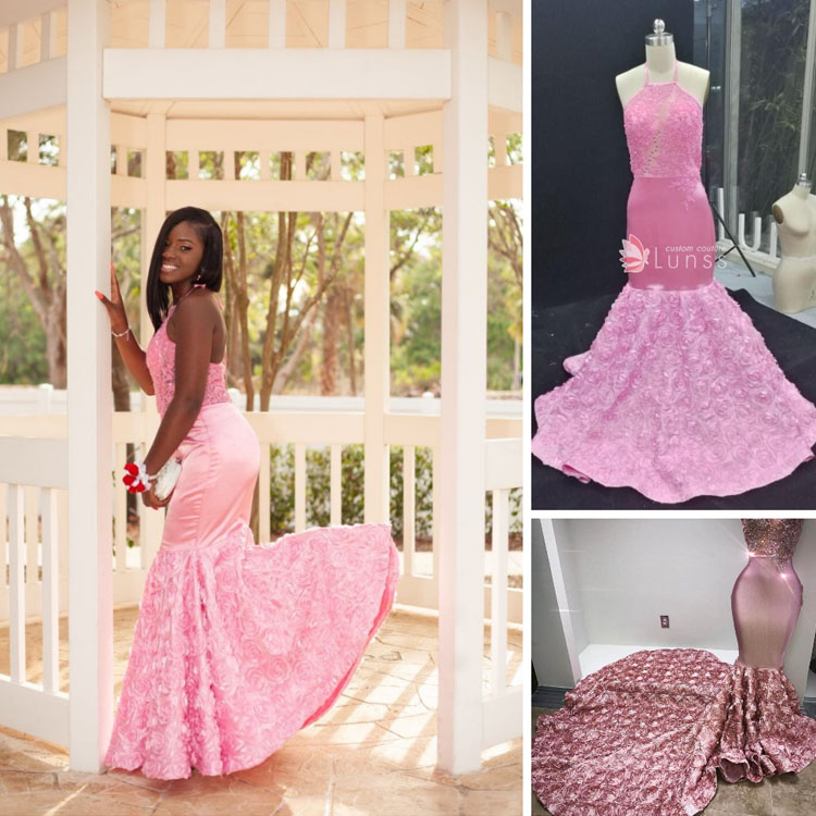 pink halter illusion beaded lace 3D floral mermaid custom made prom dress