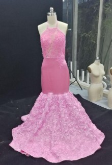 pink halter illusion beaded lace 3D floral prom dress