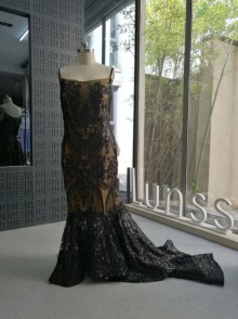 black embroidered sequin customized plus size mermaid prom dress
