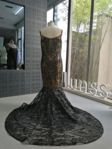 black embroidered sequin customized prom dress with spaghetti straps