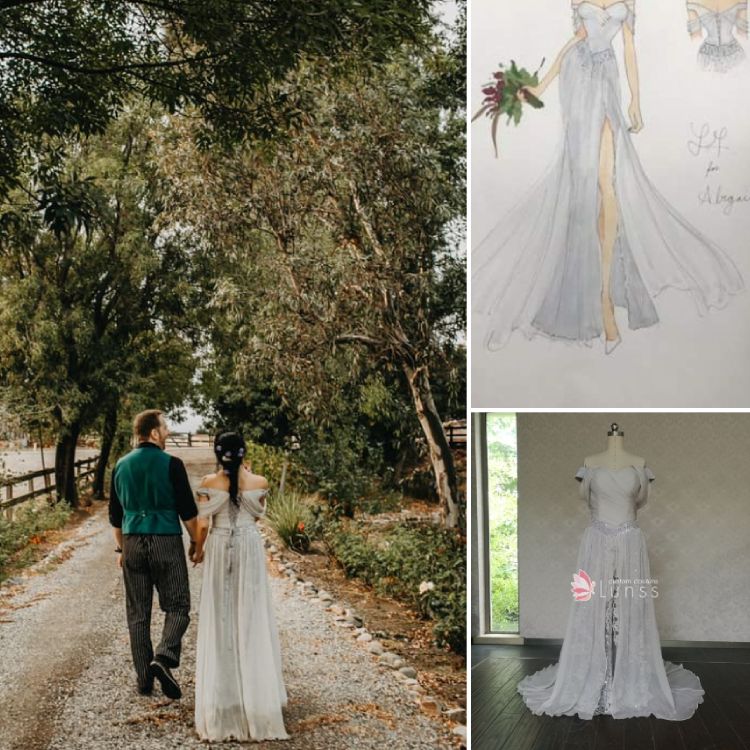 off the shoulder basque waist double slit embroidered sequin crepe wedding dress