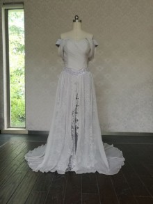 off the shoulder basque waist double slit wedding dress