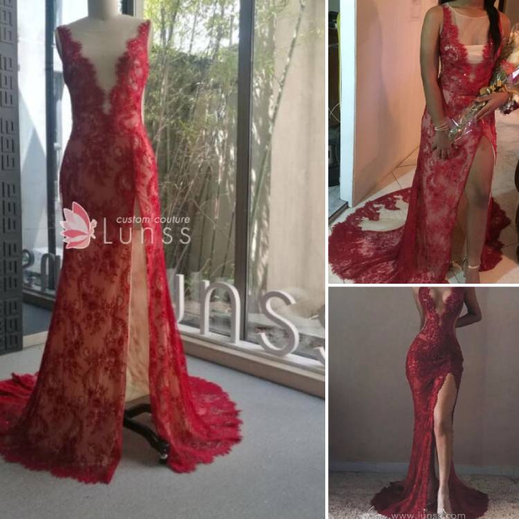sexy see through red lace plunging V neckline slit custom prom queen dress