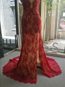 sexy see through red lace slit custom prom queen dress