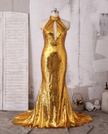 gold glitter halter prom gown