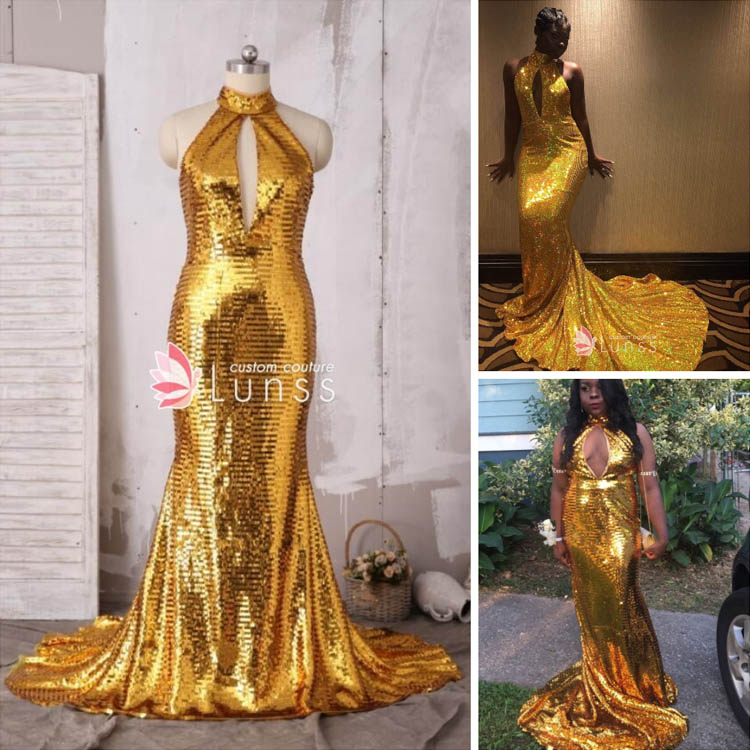 sparkling gold glitter halter mermaid prom dress with middle back