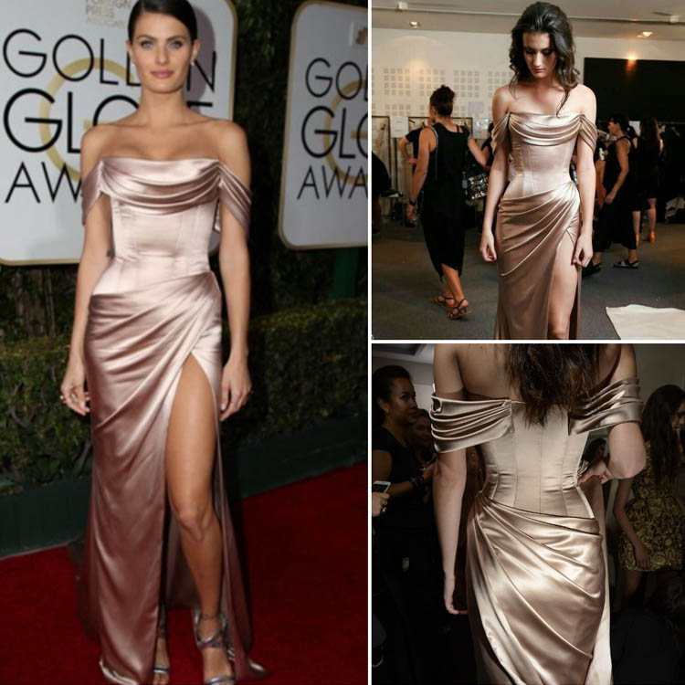 Rose gold off the shoulder floor length Isabeli Fontana prom dress