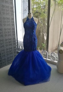 royal blue beading lace halter neck mermaid prom dress