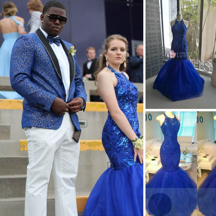 sleeveless royal blue beading lace halter neck mermaid prom dress