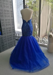 sleeveless royal blue beading lace mermaid prom dress