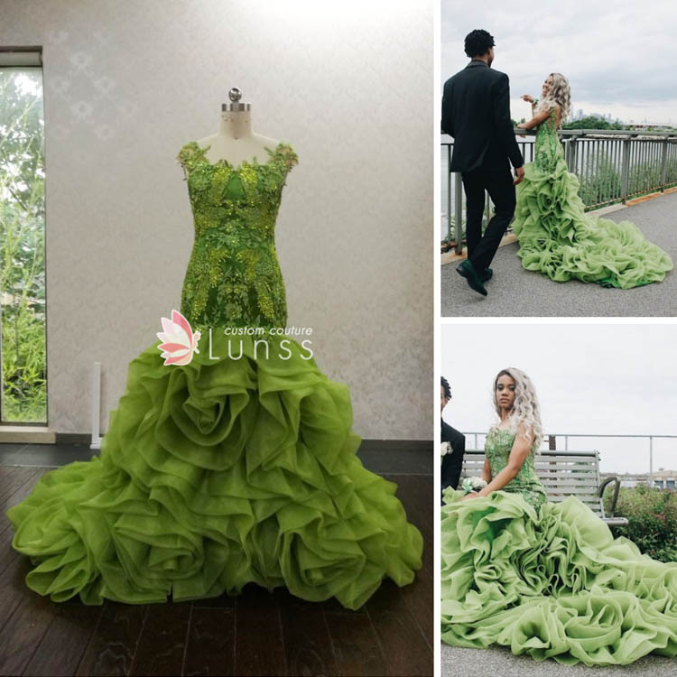 Beyond Beautiful Olive Illusion Cap Sleeve Swan Floral Ruffled Custom Prom Dress