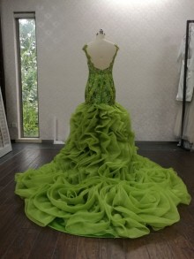 Beyond beautiful olive green swan floral lace ruffled custom prom dress