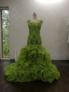 olive green illusion cap sleeve swan floral lace ruffled custom prom dress