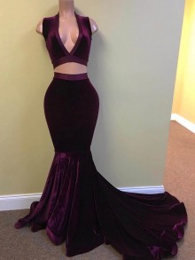 burgundy velvet mermaid two piece prom dress